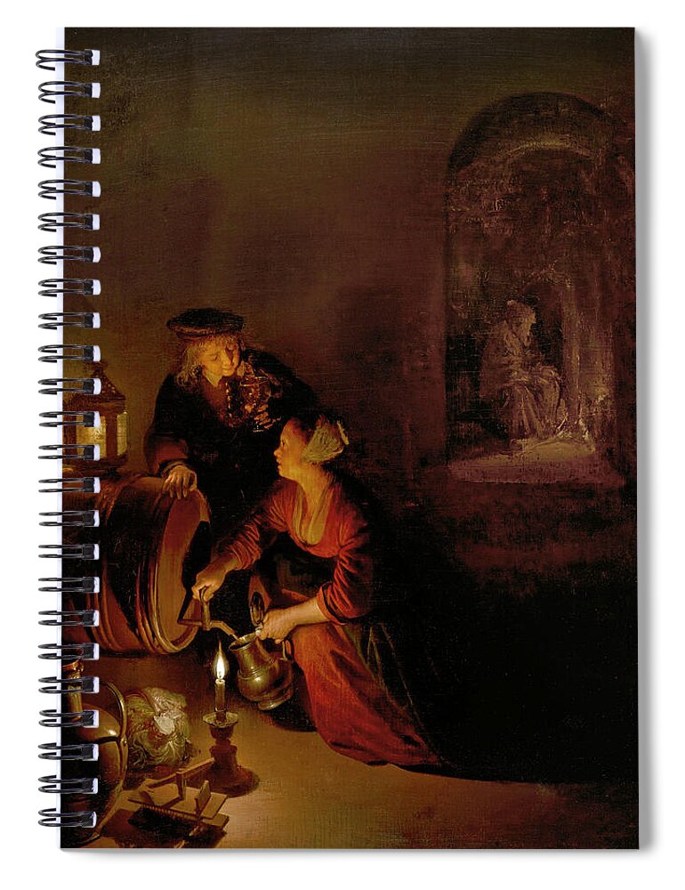 Gerrit Dou Spiral Notebook featuring the painting The Wine Cellar. An Allegory of Winter by Gerrit Dou