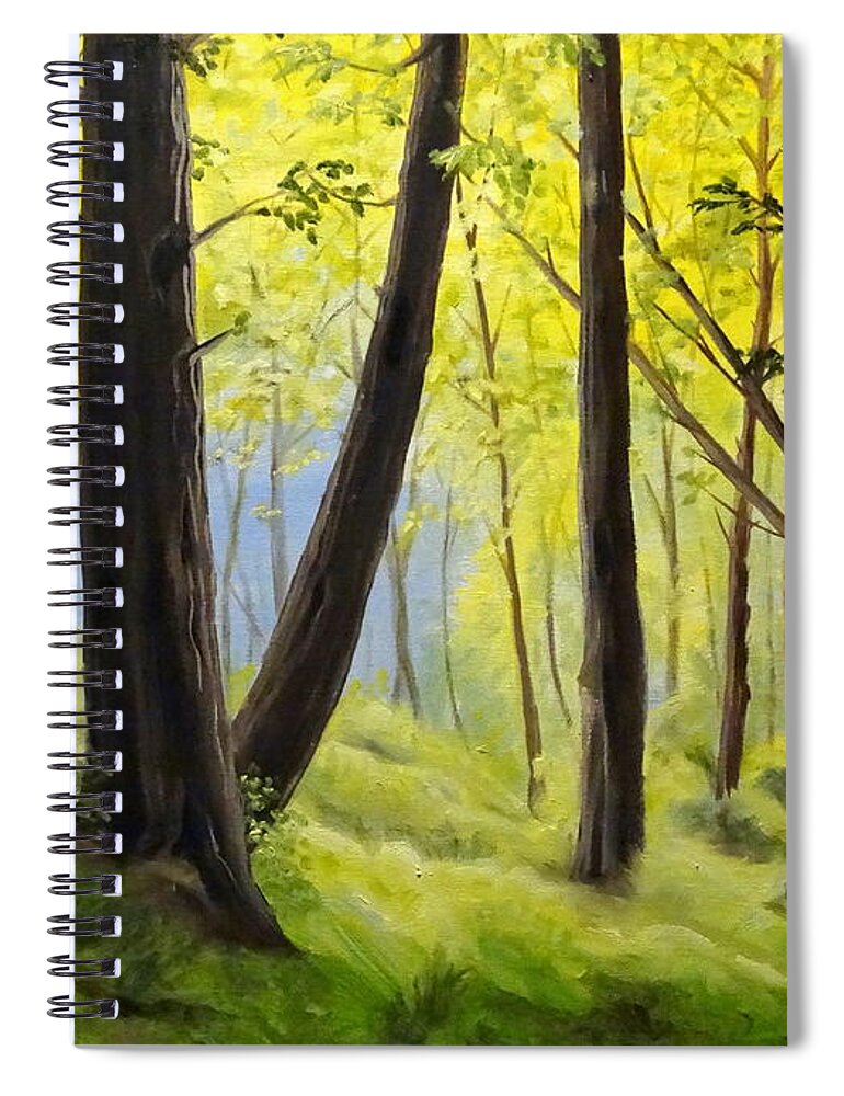 Trees Landscape Colour Light Shadow Bushes Leaves Grass Moss Yellow Green Brown Blue Bright Branches Dark Woods Forest Spiral Notebook featuring the painting The Woods by Ida Eriksen