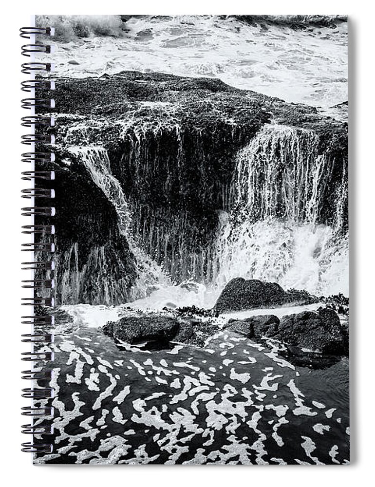 Thor's Well Spiral Notebook featuring the photograph Thor's Well, No. 3 bw by Belinda Greb