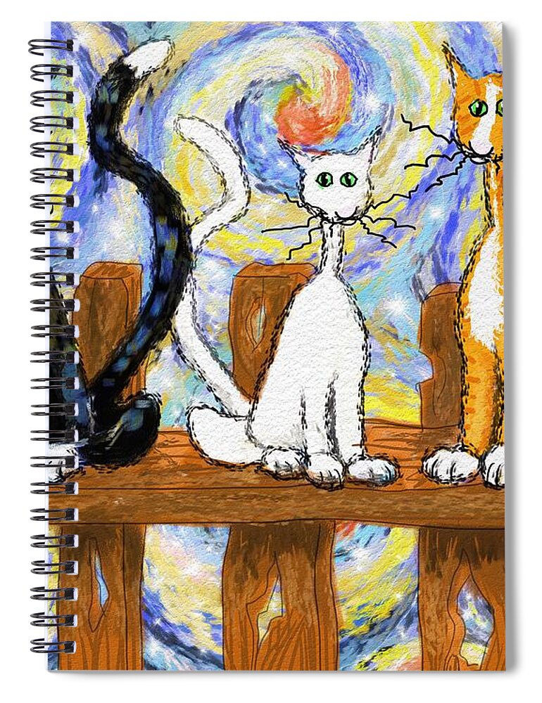 Cats Spiral Notebook featuring the digital art Three cats on a fence by Debra Baldwin