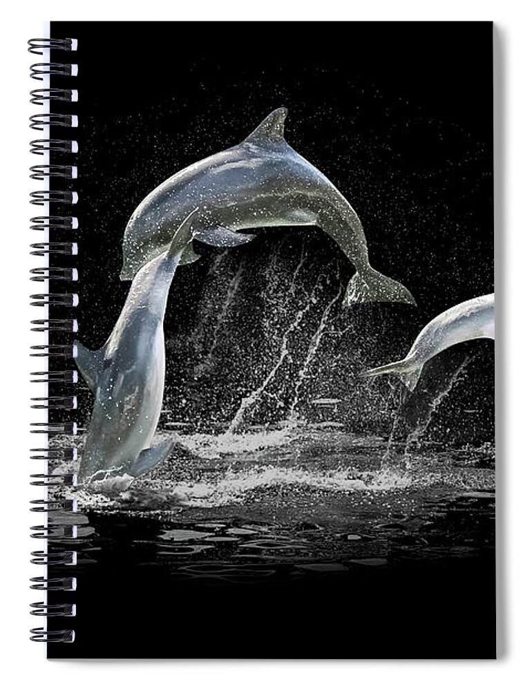 Dolphin Spiral Notebook featuring the digital art Three Dolphin jumping by Benny Marty