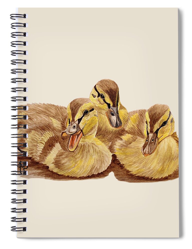 Ducklings Spiral Notebook featuring the painting Three Ducklings by Angeles M Pomata
