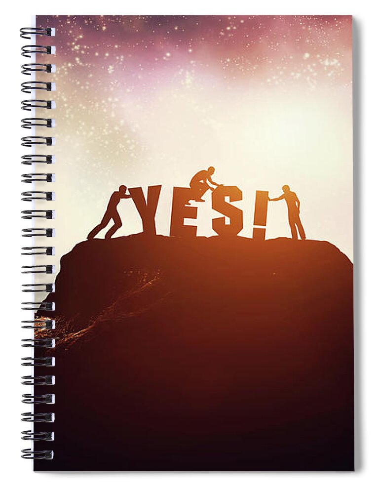Man Spiral Notebook featuring the photograph Three people and YES writing on the peak of a mountain. by Michal Bednarek