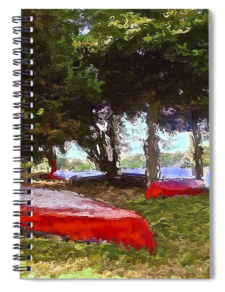 Red Canoes Spiral Notebook featuring the painting Three Red Canoes by Joan Reese
