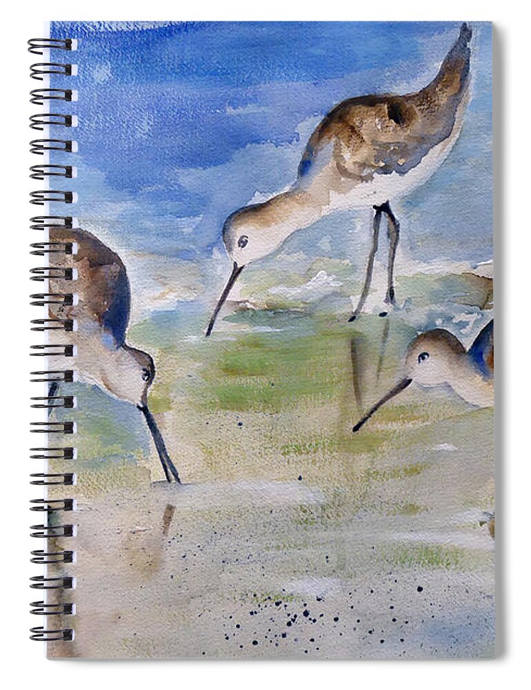 Bird Spiral Notebook featuring the painting Three Sandpipers by Mafalda Cento