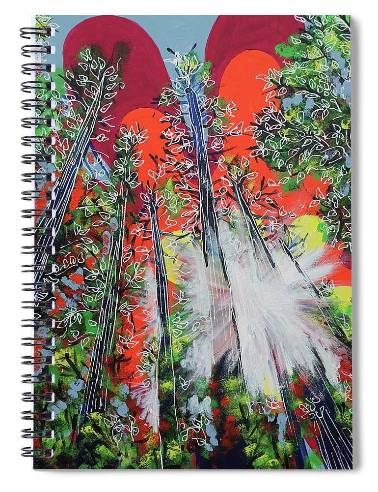 Tree Tops Spiral Notebook featuring the painting Through the Trees by Laura Hol Art