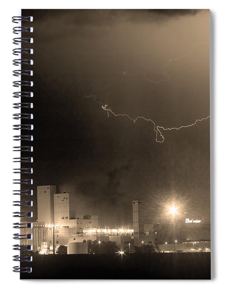 Budweiser Spiral Notebook featuring the photograph To The Right Budweiser Lightning Strike Sepia by James BO Insogna