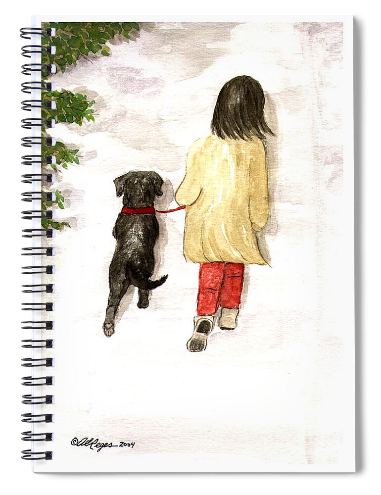 Lab Spiral Notebook featuring the painting Together - Black Labrador and Woman Walking by Amy Reges