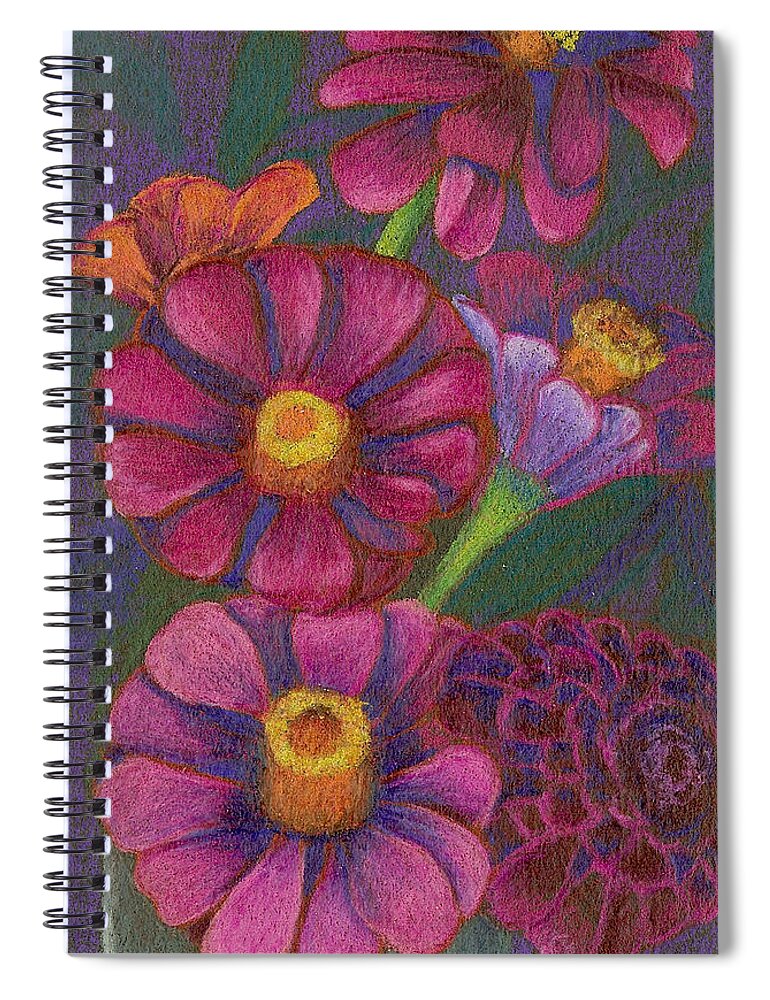 Flowers Spiral Notebook featuring the drawing Top Hat Zinnias by Anne Katzeff