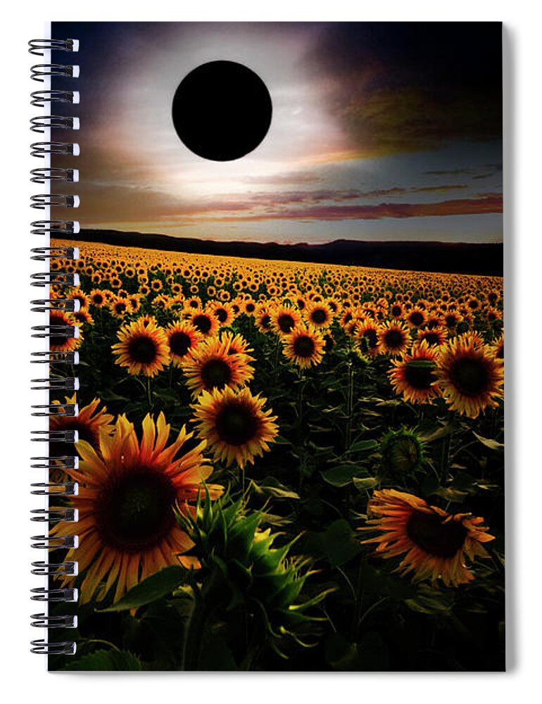 Appalachia Spiral Notebook featuring the photograph Total Eclipse over the Sunflower Field by Debra and Dave Vanderlaan