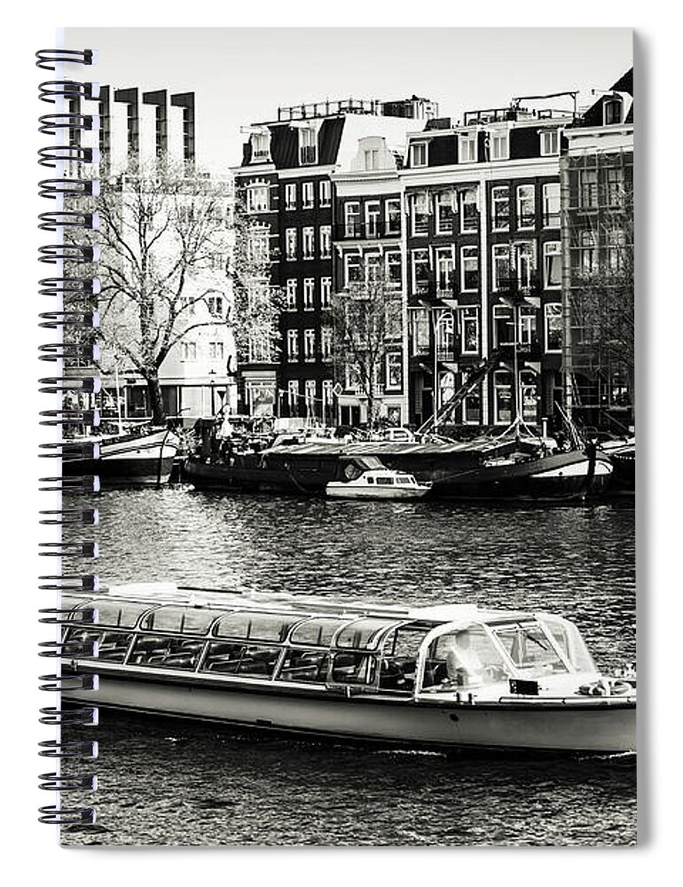 Jenny Rainbow Fine Art Photography Spiral Notebook featuring the photograph Touristic Boat at Amsterdam Canal. Monochrome by Jenny Rainbow