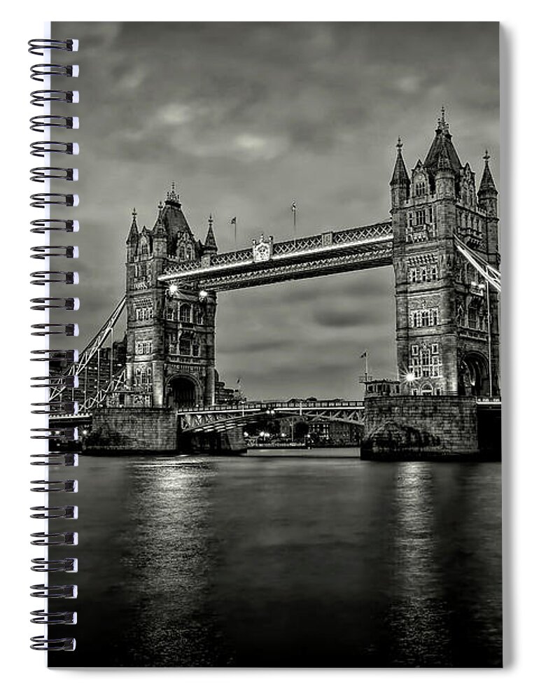 Bridge Spiral Notebook featuring the photograph Tower Bridge at Night BW by Deborah Penland