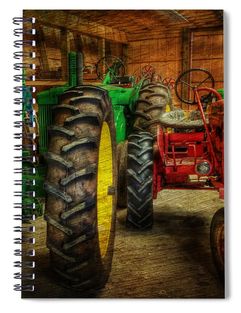 Lee Dos Santos Spiral Notebook featuring the photograph Tractors at Rest - John Deere - Mccormick - Farmall - farm equipment - nostalgia - vintage by Lee Dos Santos