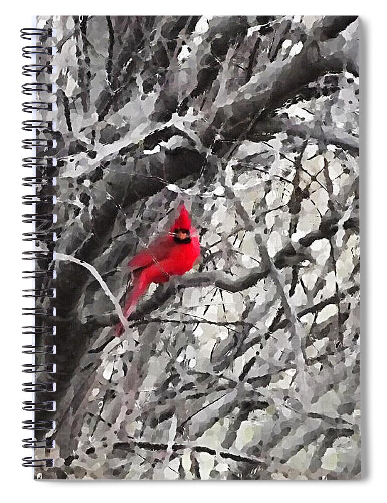 Red Bird Spiral Notebook featuring the mixed media Tree Ornament, A Male Cardinal on Snowy Winter Tree Branches by Shelli Fitzpatrick