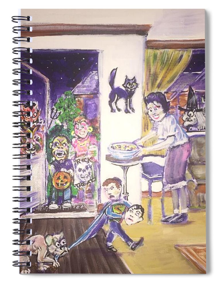Skeleton Cat Alien Bear Pirates Witch Gypsy Gorilla Ghosts Superman Candy Pumpkins Jack O Lantern Halloween Trick Or Treat Devils 1960's Dogs Spiral Notebook featuring the painting Trick or Treat on Exeter Street by Jonathan Morrill