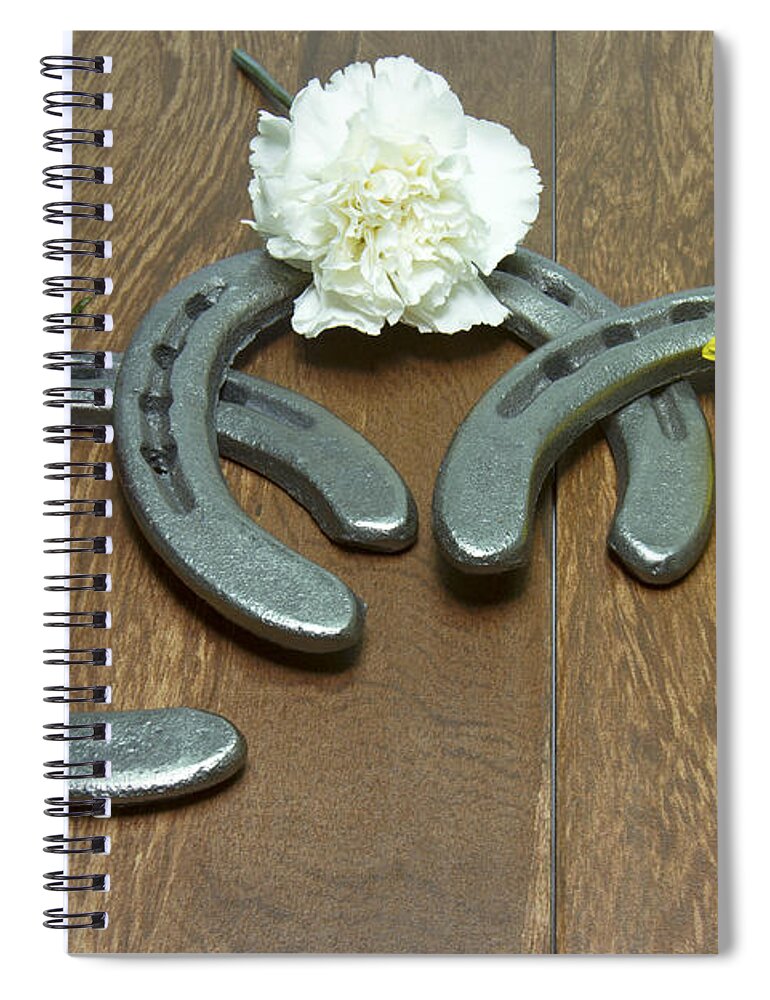 Triple Crown Spiral Notebook featuring the photograph Triple Crown Flowers on Horseshoes by Karen Foley