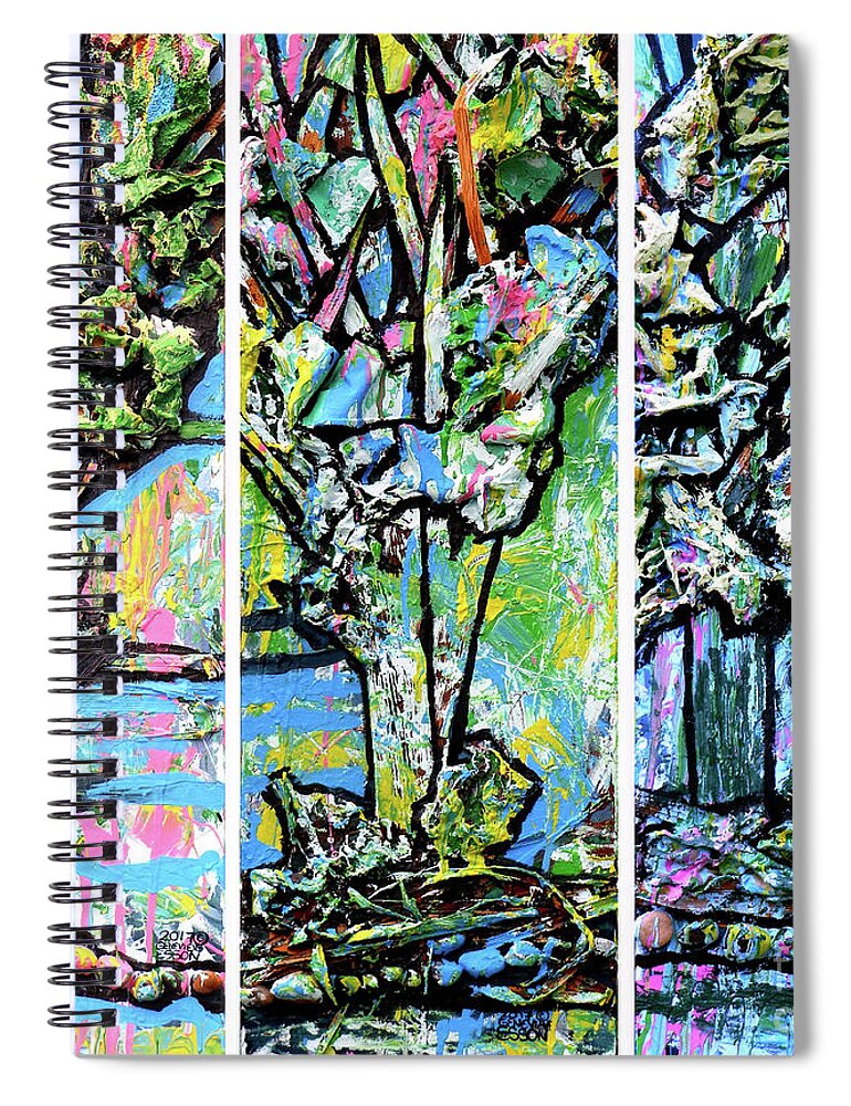 Trees Spiral Notebook featuring the mixed media Triptych Of Three Trees By A Brook by Genevieve Esson