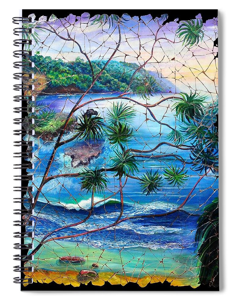 Tropical Cove Set Spiral Notebook featuring the painting Tropical Cove fresco triptych 2 by Lena Owens - OLena Art Vibrant Palette Knife and Graphic Design