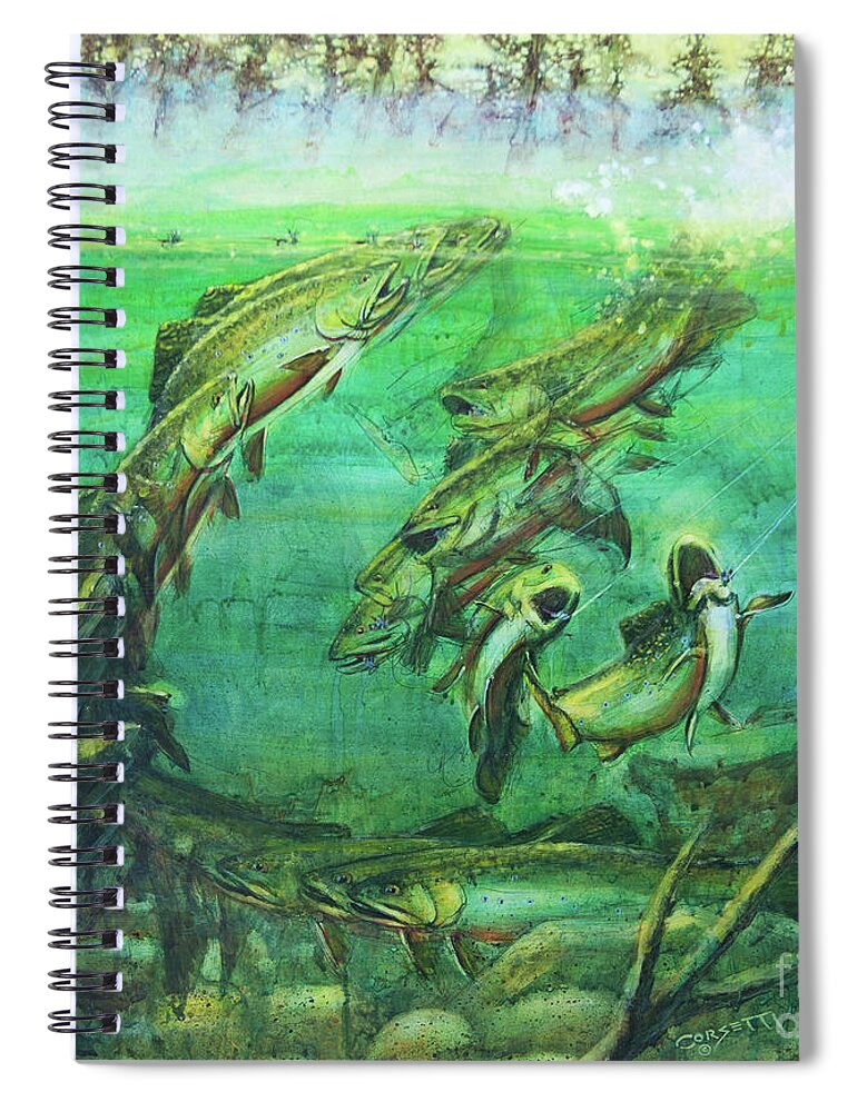 Fish Spiral Notebook featuring the painting Fish On Trout Battle by Robert Corsetti