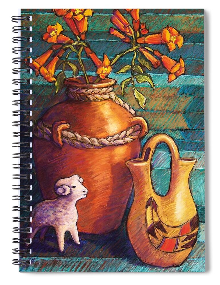 Still Life Spiral Notebook featuring the pastel Trumpet Vines and Pottery by Candy Mayer