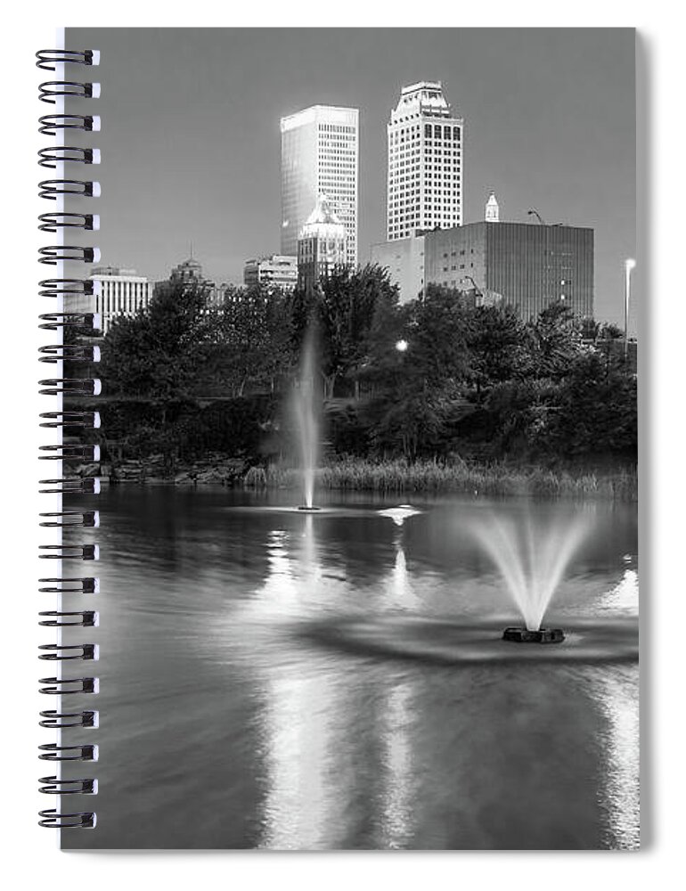 Tulsa Downtown Spiral Notebook featuring the photograph Tulsa Downtown Skyline Water Reflections - Black and White by Gregory Ballos