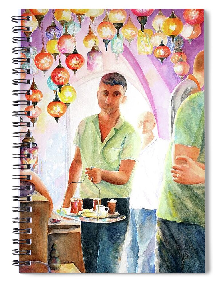Istanbul Spiral Notebook featuring the painting Turkish Tea at Istanbul Grand Bazaar by Carlin Blahnik CarlinArtWatercolor