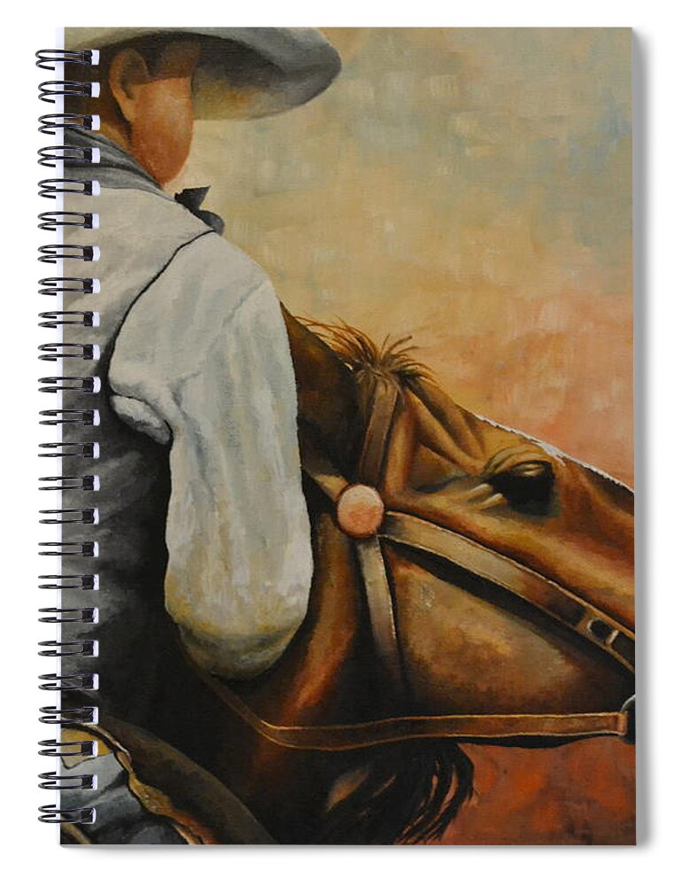 A Oil Painting Of A Cowboy Turning His Horse Around To Head Home. The Cowboy Has A Hat On With A Feather In The Hat Ban. He Is Wearing A Grey Vest With A Blue Shirt. He Is Also Wearing Blue Jeans With A Pair Of Leather Chaps. He Is Turning His Horse Around To Head Back To His Ranch. Spiral Notebook featuring the painting Turning Around by Martin Schmidt