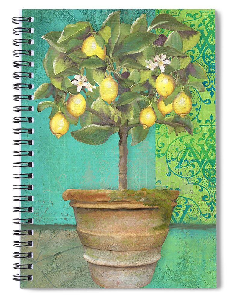 Tuscan Spiral Notebook featuring the painting Tuscan Lemon Topiary - Damask Pattern 1 by Audrey Jeanne Roberts