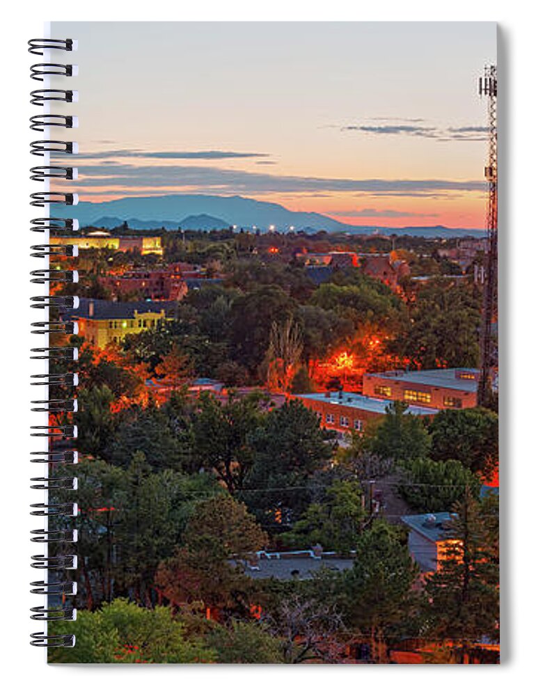 Santa Fe Spiral Notebook featuring the photograph Twilight Panorama of Downtown Santa Fe from Cross of the Martyrs - New Mexico by Silvio Ligutti