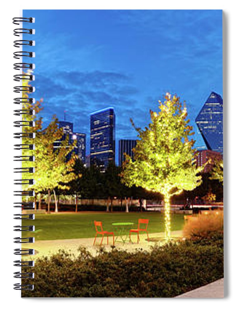 Downtown Spiral Notebook featuring the photograph Twilight Panorama of Klyde Warren Park and Downtown Dallas Skyline - North Texas by Silvio Ligutti