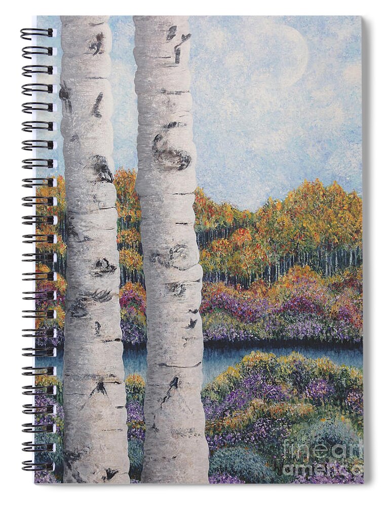 Twin Aspens Spiral Notebook featuring the painting Twin Aspens by Holly Carmichael