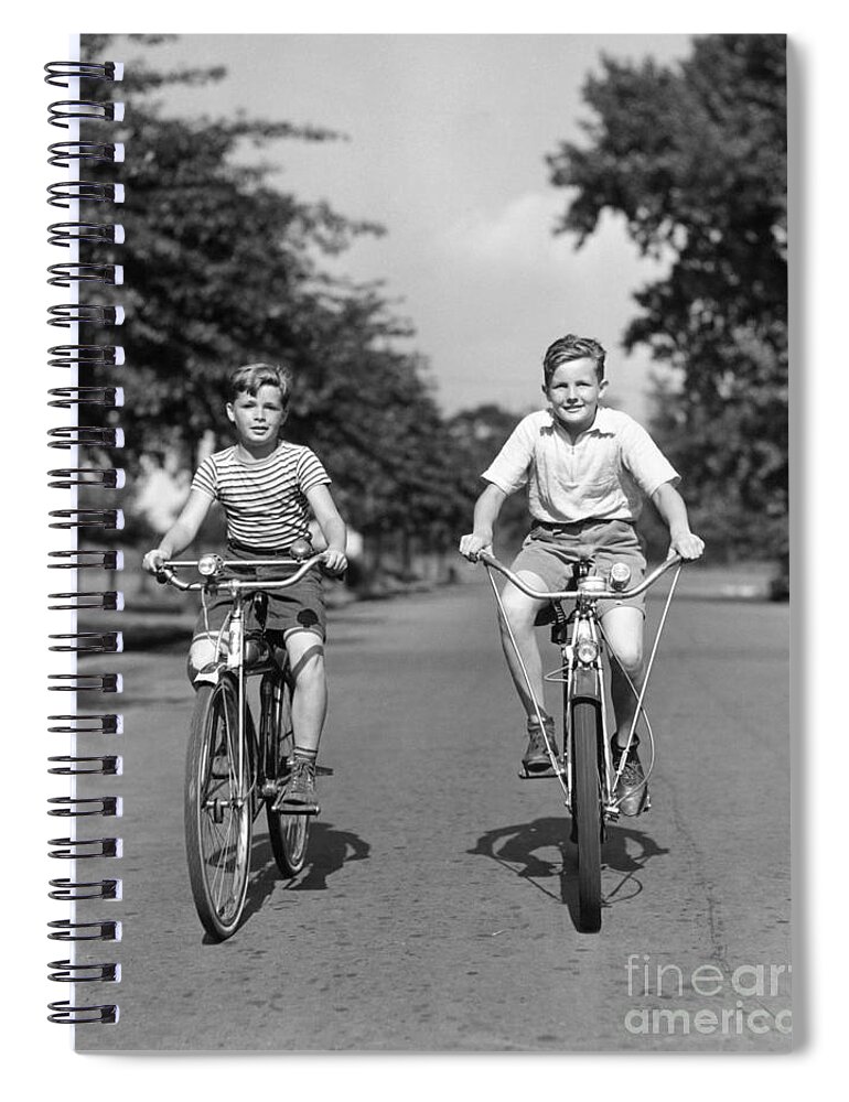 1930s Spiral Notebook featuring the photograph Two Boys Riding Bikes, C.1930-40s by H Armstrong Roberts ClassicStock