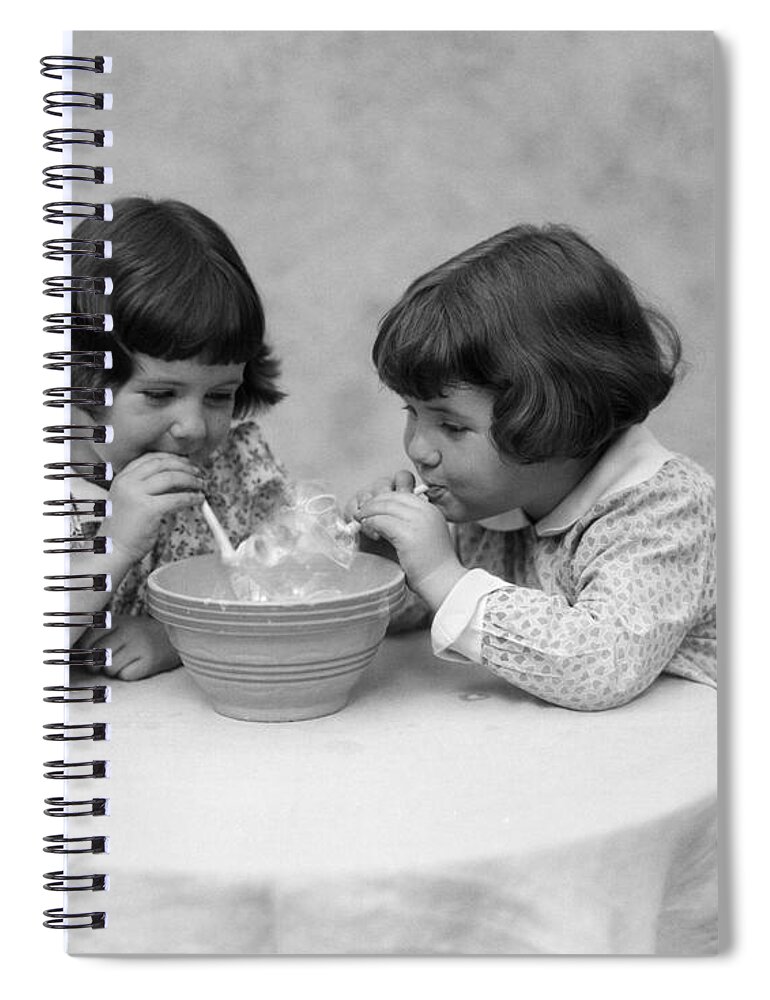 1930s Spiral Notebook featuring the photograph Two Girls Blowing Soap Bubbles by H. Armstrong Roberts/ClassicStock