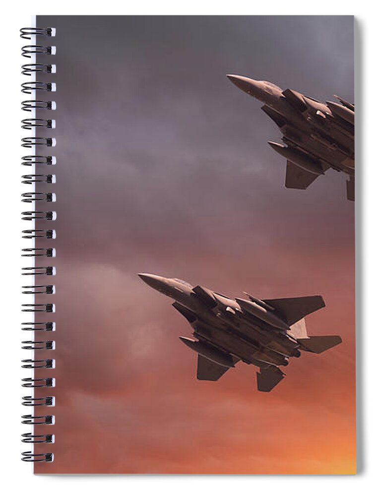 Usaf Spiral Notebook featuring the photograph Two low flying F-15E Strike Eagles at sunset by Simon Bratt