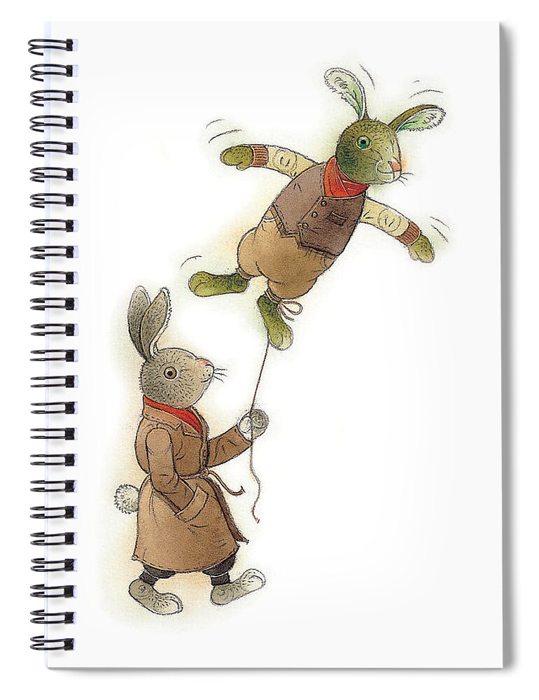 Rabbit Animals Flying Green Spring Spiral Notebook featuring the painting Two Rabbits 02 by Kestutis Kasparavicius