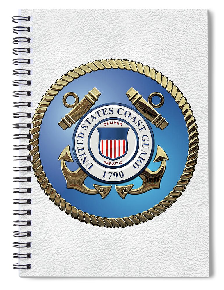 'military Insignia & Heraldry 3d' Collection By Serge Averbukh Spiral Notebook featuring the digital art U. S. Coast Guard - U S C G Emblem over White Leather by Serge Averbukh
