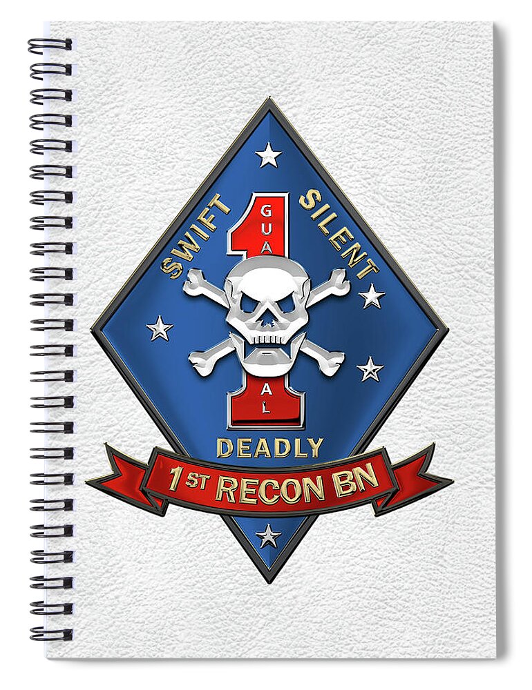 'military Insignia & Heraldry' Collection By Serge Averbukh Spiral Notebook featuring the digital art U S M C 1st Reconnaissance Battalion - 1st Recon Bn Insignia over White Leather by Serge Averbukh