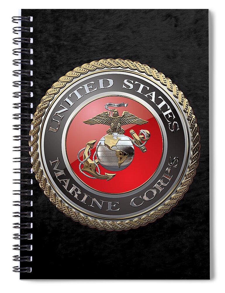 'usmc' Collection By Serge Averbukh Spiral Notebook featuring the digital art U. S. Marine Corps - U S M C Emblem over Black Velvet by Serge Averbukh