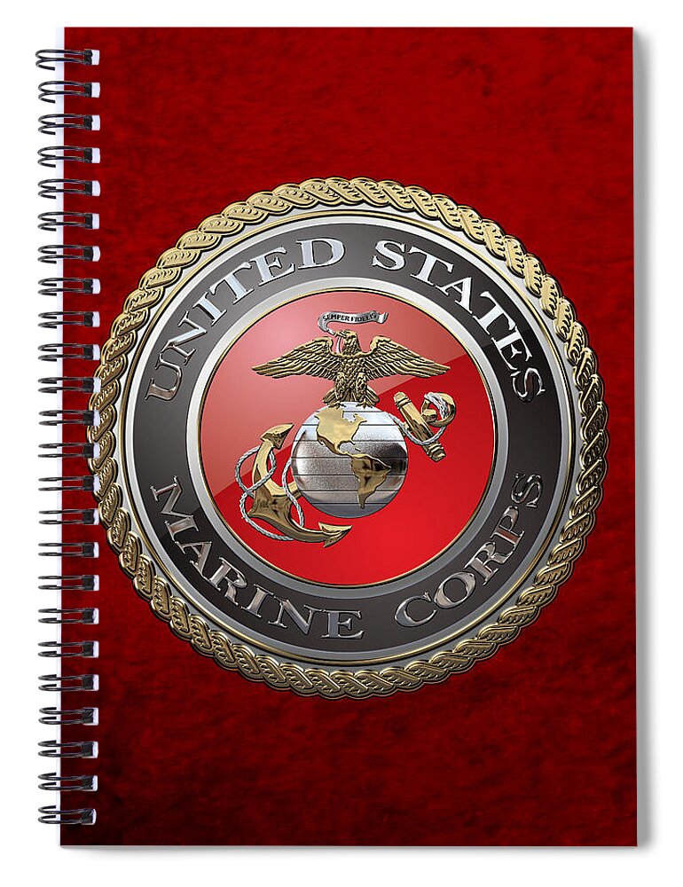 'usmc' Collection By Serge Averbukh Spiral Notebook featuring the digital art U. S. Marine Corps - U S M C Emblem over Red Velvet by Serge Averbukh