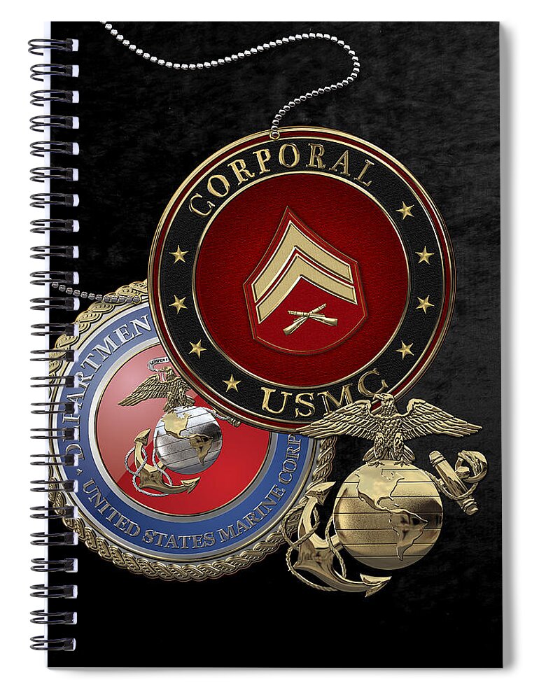 �military Insignia 3d� By Serge Averbukh Spiral Notebook featuring the digital art U. S. Marines Corporal Rank Insignia over Black Velvet by Serge Averbukh