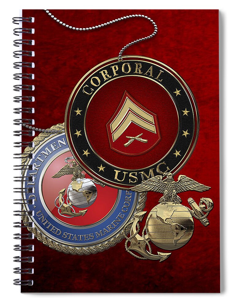 �military Insignia 3d� By Serge Averbukh Spiral Notebook featuring the digital art U. S. Marines Corporal Rank Insignia over Red Velvet by Serge Averbukh