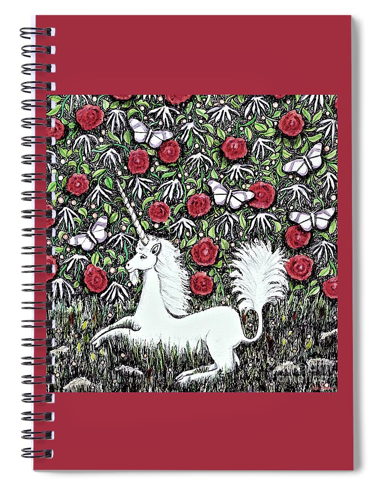Lise Winne Spiral Notebook featuring the digital art Unicorn with Red Roses and Butterflies by Lise Winne