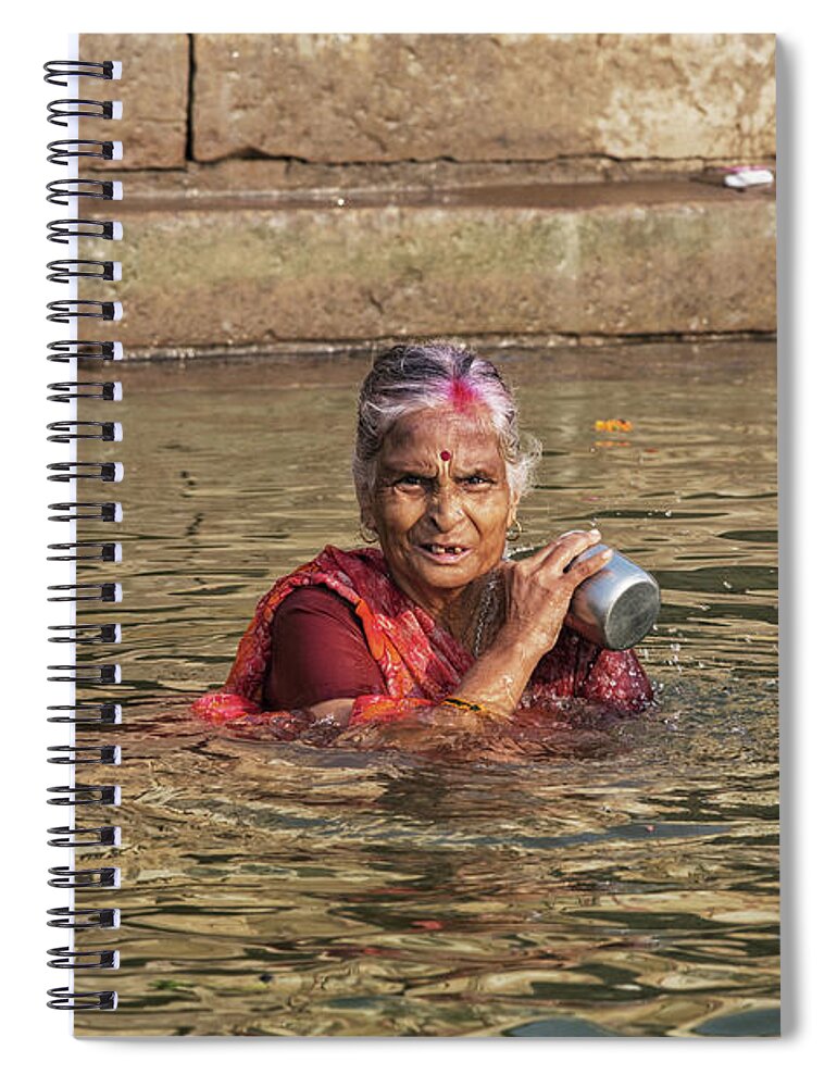 Unidentified Hindu woman pilgrim take bath in the Holy river Gan Spiral  Notebook by Tjeerd Kruse - Pixels