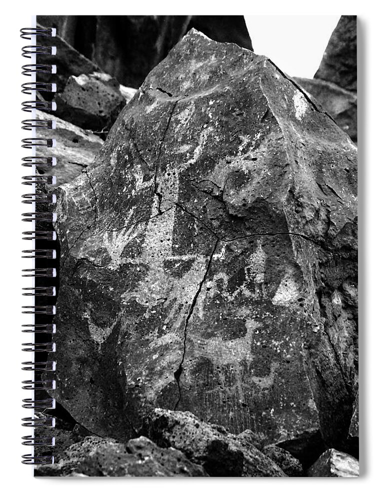 Petroglyphs Spiral Notebook featuring the photograph Upside Down Man b/w by Glory Ann Penington