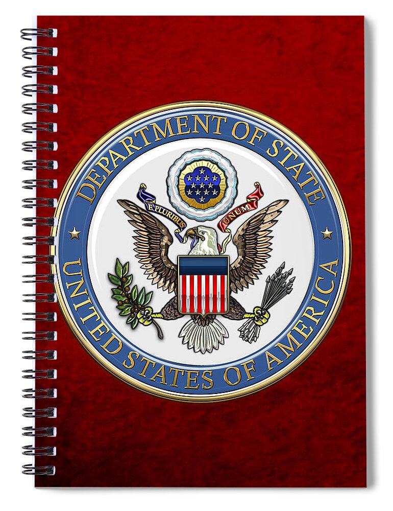 'military Insignia & Heraldry 3d' Collection By Serge Averbukh Spiral Notebook featuring the digital art U. S. Department of State - DoS Emblem over Red Velvet by Serge Averbukh