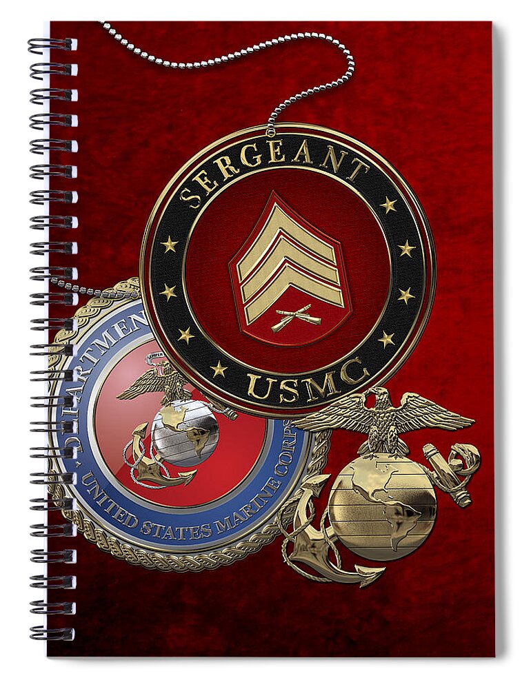 Military Insignia 3d By Serge Averbukh Spiral Notebook featuring the digital art U. S. Marines Sergeant - U S M C Sgt Rank Insignia over Red Velvet by Serge Averbukh