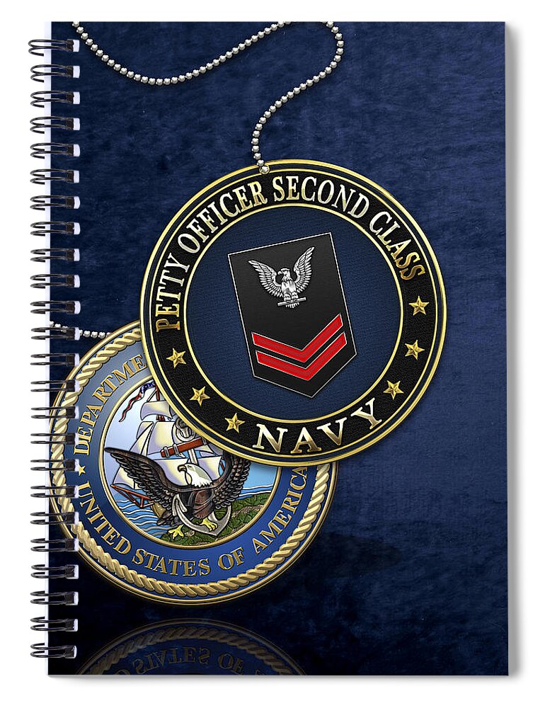 Military Insignia 3d By Serge Averbukh Spiral Notebook featuring the digital art U.S. Navy Petty Officer Second Class - PO2 Rank Insignia over Blue Velvet by Serge Averbukh