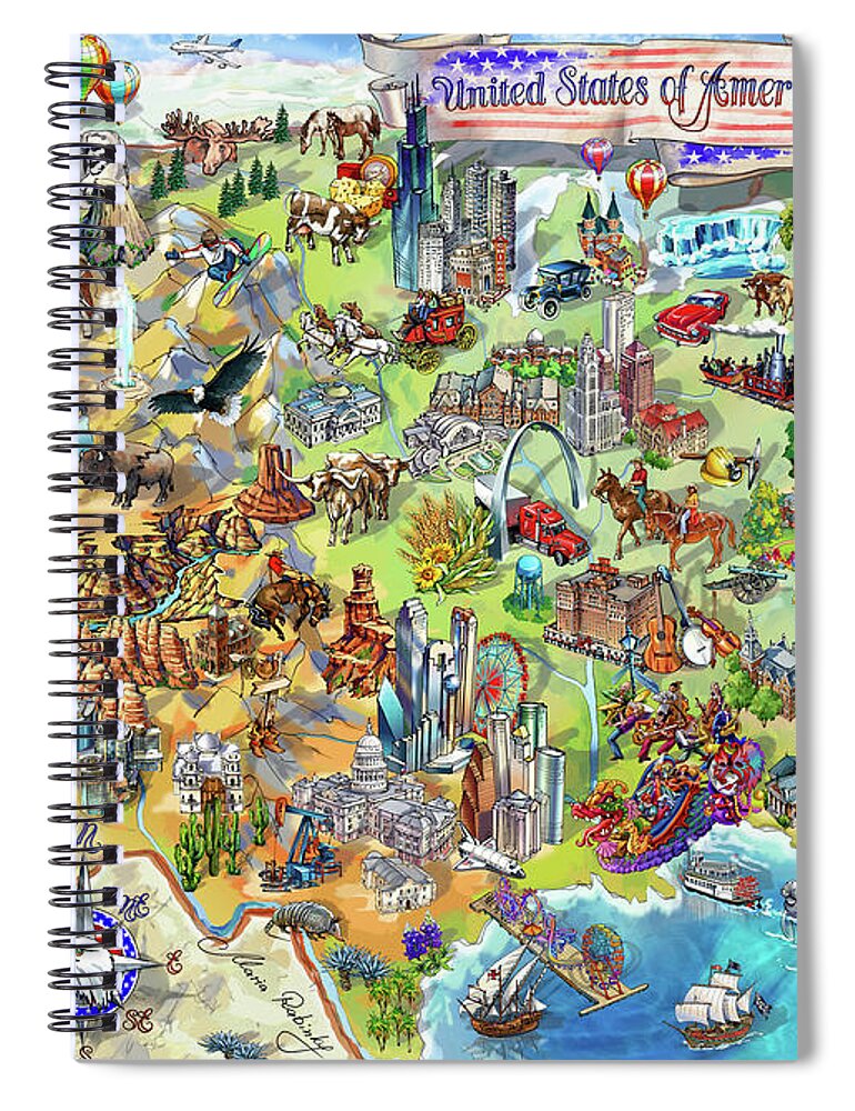 Los Angeles Spiral Notebook featuring the painting USA Wonders Map Illustration by Maria Rabinky