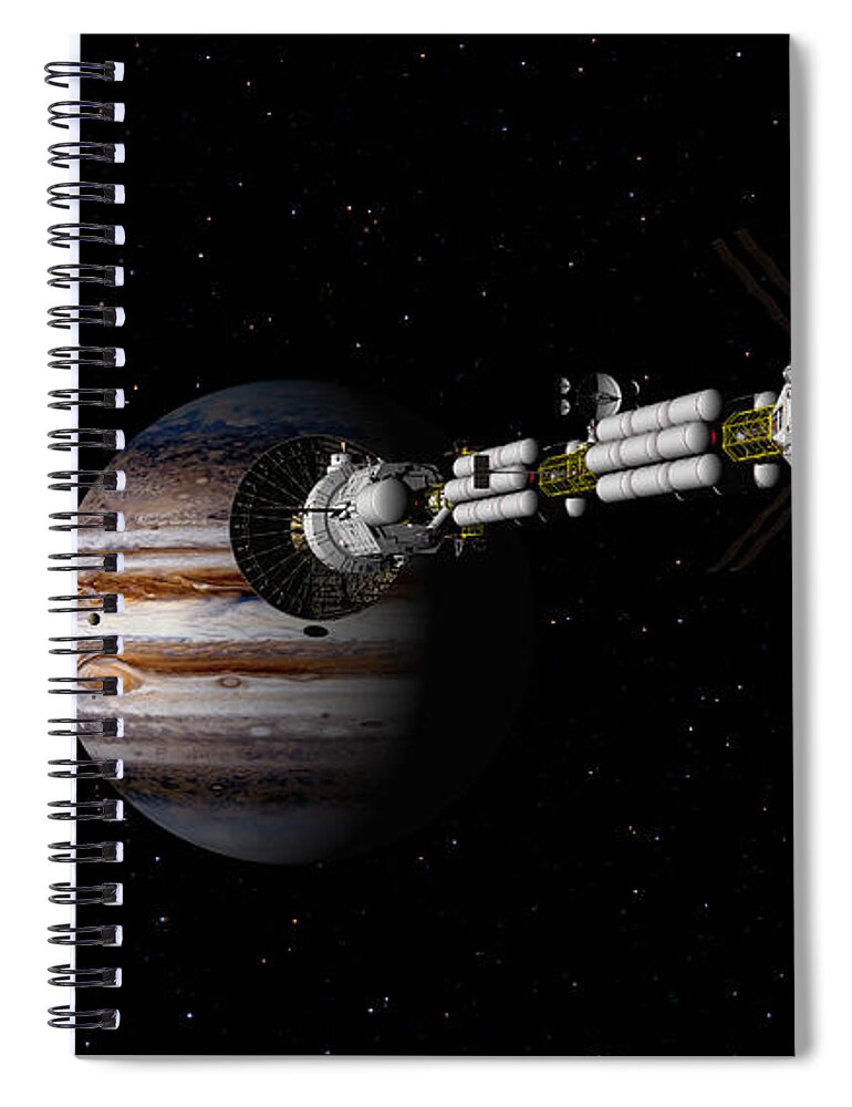 Spaceship Spiral Notebook featuring the digital art USS Savannah approaching Jupiter by David Robinson