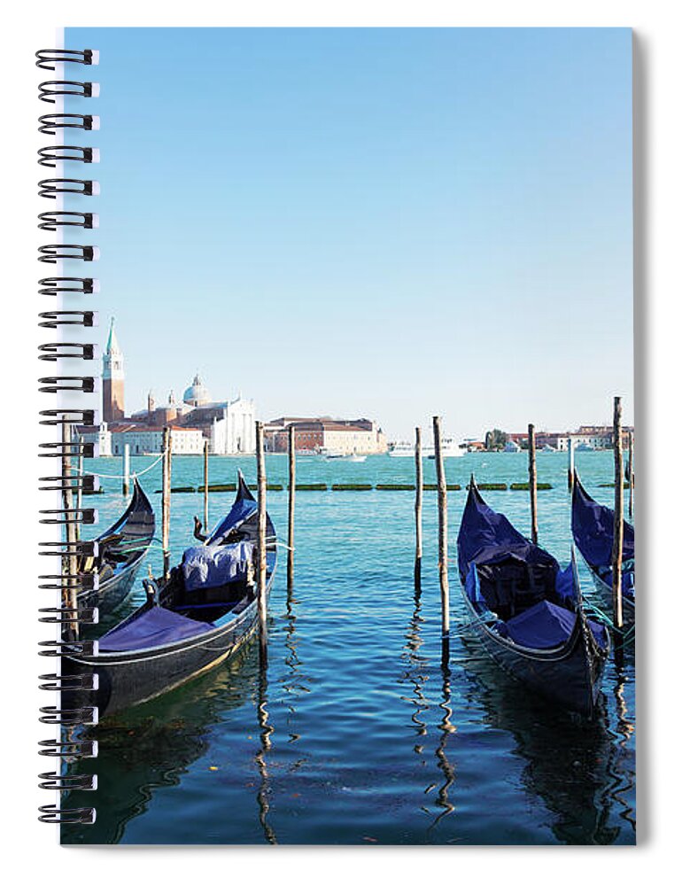 Venice Spiral Notebook featuring the photograph San Giorgio island and Gondolas by Anastasy Yarmolovich